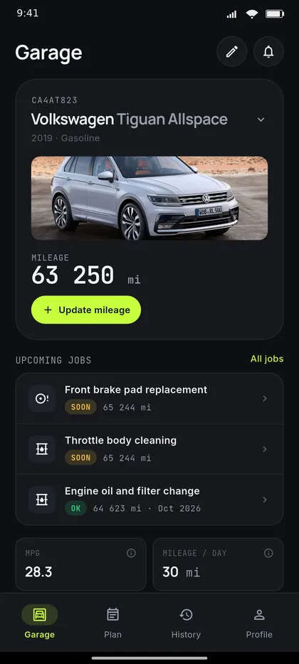 Garage with selected car and stats