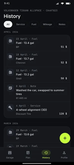Maintenance history with filters